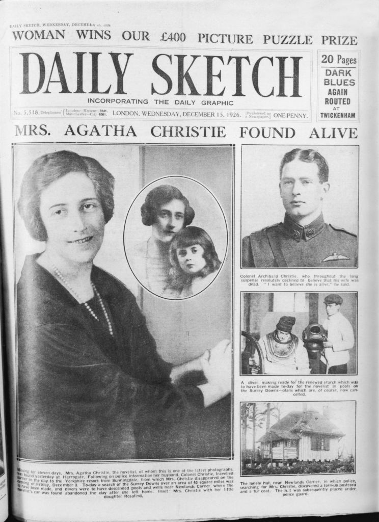 Okładka Daily Sketch ogłasza bezpieczny powrót brytyjskiej pisarki powieści kryminalnych Agathy Christie (1890-1976), która zaginęła na jedenaście dni fot: Getty Images