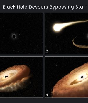 Zaobserwowano, jak czarna dziura rozrywa przelatującą obok gwiazdę i nadaje jej kształt pączka z dziurką (fot. NASA, ESA, Leah Hustak (STScI))