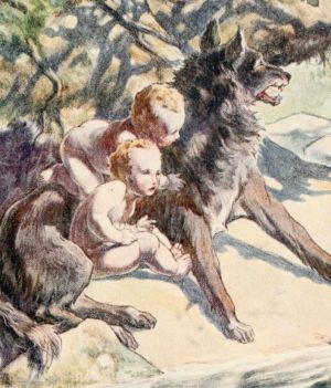 Założyciele Rzymu Romulus i Remus. Bohaterowie najsłynniejszej legendy o dzieciach wychowanych przez zwierzęta.