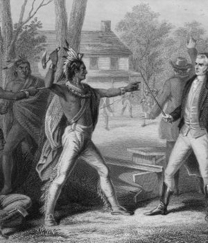 Generał William Henry Harrison (1773-1841), późniejszy 9. prezydent Stanów Zjednoczonych, próbuje uniknąć incydentu dyplomatycznego podczas spotkania z wodzem Shawnee Tecumsehem w Vincennes w stanie Indiana,