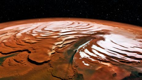 Lód na biegunie Marsa (fot. SA/DLR/FU Berlin; NASA MGS MOLA Science Team)