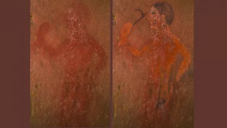 Malowidło z Grobowca Małpy przed i po analizie (fot. Vincenzo Palleschi/Pegaso Srl Archeologia Arte Archeometria)