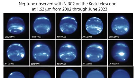 Chmury nad Neptunem zniknęły po raz pierwszy od prawie trzydziestu lat obserwacji. Dlaczego? (fot. Imke de Pater, Erandi Chavez, Erin Redwing (UC Berkeley)/W. M. Keck Observatory)