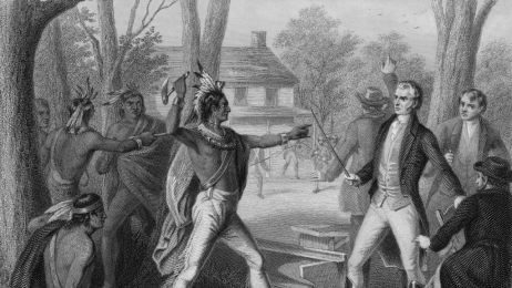 Generał William Henry Harrison (1773-1841), późniejszy 9. prezydent Stanów Zjednoczonych, próbuje uniknąć incydentu dyplomatycznego podczas spotkania z wodzem Shawnee Tecumsehem w Vincennes w stanie Indiana,