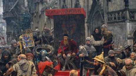 Król Atterdag spokojnie czeka, aż mieszkańcy Visby zapełnią beczki złotem.