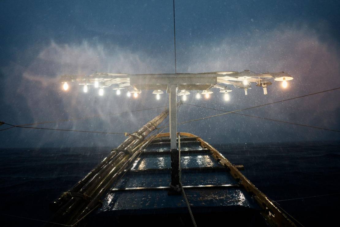 Światła na statku Melissa przyciągają ryby w stronę powierzchni wody.