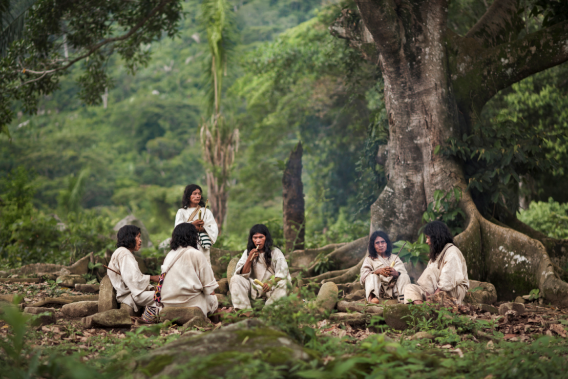 Mistrzowie duchowi plemienia Kogi, tzw. mamo, podczas narady  w świętym kręgu.