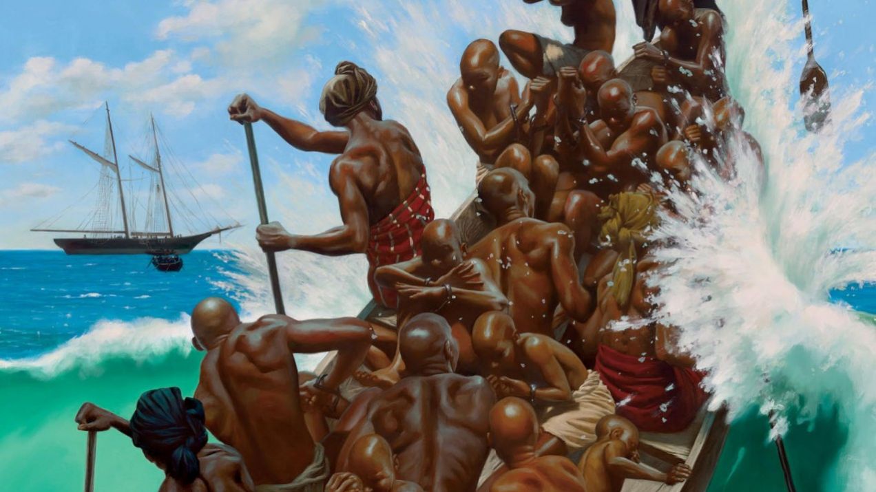 Afrykańscy niewolnicy przewożeni łodzią na statek niewolników Clotilda w 1860 roku, do portu niewolników w dzisiejszym Beninie. (PAINTING BY KADIR NELSON