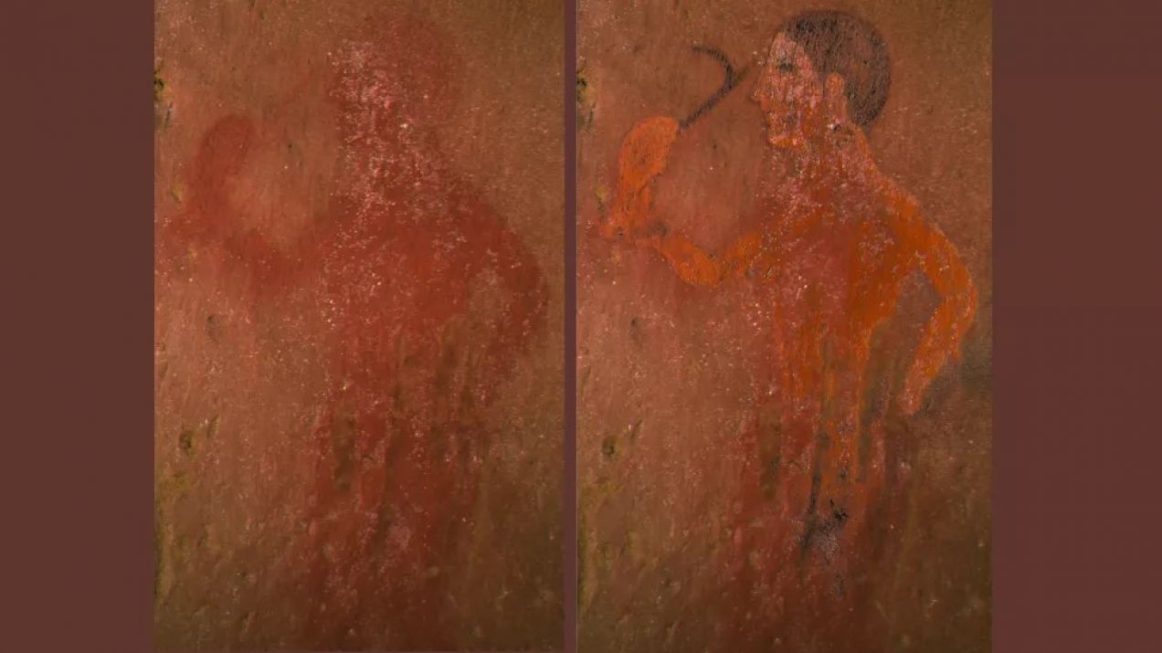 Malowidło z Grobowca Małpy przed i po analizie (fot. Vincenzo Palleschi/Pegaso Srl Archeologia Arte Archeometria)