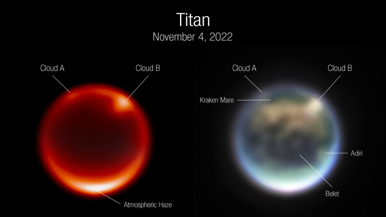 Na Tytanie są chmury i morze ciekłego metanu. Widać to na niesamowitych zdjęciach z dwóch teleskopów (fot. NASA, ESA, CSA, A. Pagan [STScI]. Science: JWST Titan GTO Team)
