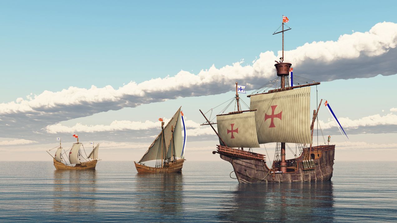 Santa Maria, Nina i Pinta, statki pierwszej  wyprawy Kolumba (komputerowa rekonstrukcja, Getty Images)